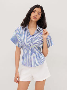Cider - Cotton-blend Collar Stripe Pleated Cinched Waist Shirt