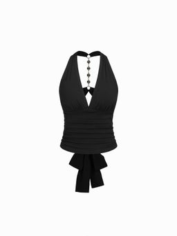 Cider - Halter V-neck Ruched Rhinestone Cut Out Tie Back Top