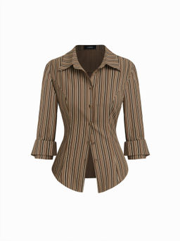Cider - Collar Stripe Curved Hem Roll up Long Sleeve Blouse