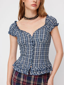 Cider - Sweetheart Tartan Ruched Lettuce Trim Layered Blouse