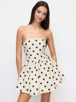 Cider - Polka Dot Ruffle Bowknot Shirred Bandeau Dress