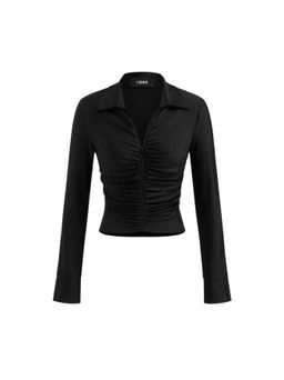 Cider - Collar Ruched Zip Through Long Sleeve Top