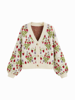 Cider - Knit V-neck Strawberry Button Oversized Cardigan