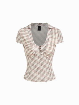Cider - U-neckline Tartan Short Sleeve Top