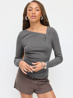 Cider - Thermal Cotton-blend Asymmetrical Neck Long Sleeve Ruched Top