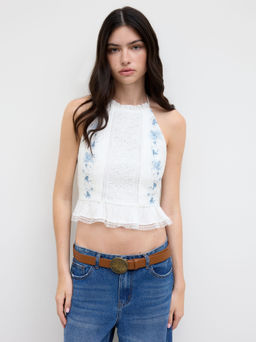 Cider - Cotton Halter Neckline Floral Shirred Ruffle Hem Lace Trim Tank Top