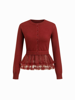 Cider - Knit Round Neckline Patched Layered Peplum Hem Long Sleeve Top