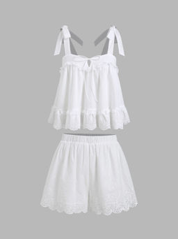 Cider - Cotton Broderie Anglaise Lace Trim Bowknot Top & Mid Rise Elastic Waist Shorts