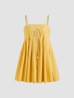 Cider - Linen-blend Square Neck Drawstring Shirred Pleated Romper