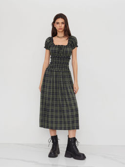 Cider - Square Neck Plaid Lettuce Trim Shirred Knotted Dress