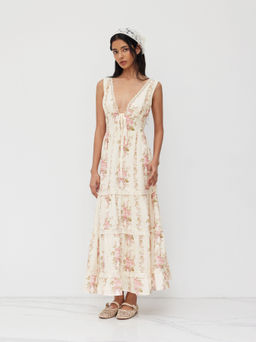 Cider - V-neck Lace Trim Floral Lace Up Layered Dress