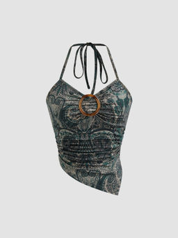 Cider - Halter Neckline Floral Asymmetrical Hem Top