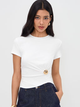 Cider - Round Neckline Ruched Button Short Sleeve Tee