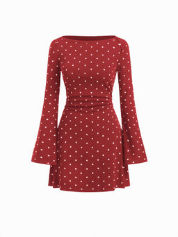 Cider - Cotton-blend Boat Neck Polka Dot Ruched Bell Sleeve Dress