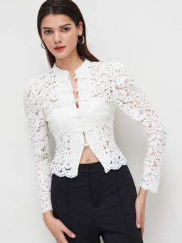 Cider - Lace Stand Collar Guipure Long Sleeve Blouse