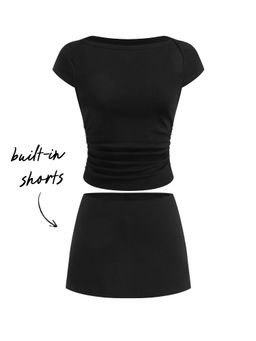 Cider - Cotton-blend Boat Neck Ruched Tee & Skort