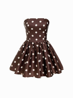 Cider - Polka Dot Ruffle Bowknot Shirred Bandeau Dress