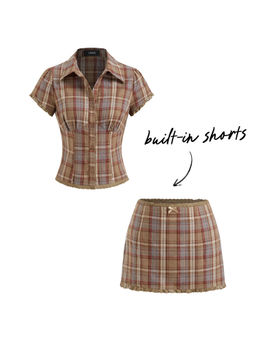 Cider - Cotton Plaid Collar Short Sleeve Blouse & Mid Rise Lace Trim Bowknot Skirt Set
