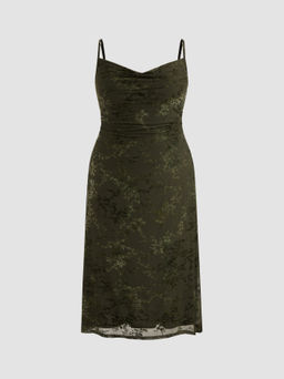 Cider - Mesh Cowl Neck Floral Ruched Dress Curve & Plus