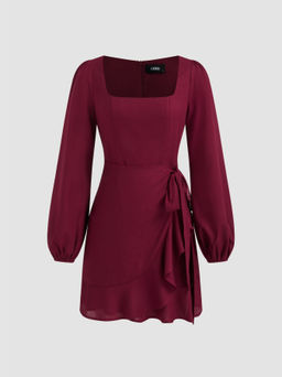 Cider - Linen-blend Square Neck Knotted Wrap Dress