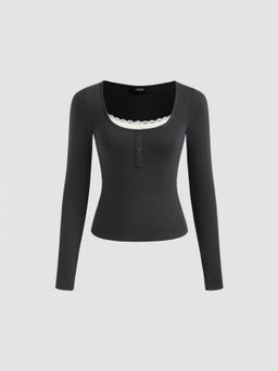 Cider - Square Neck Lace Trim Two Tone Long Sleeve Top