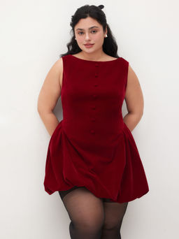 Cider - Velvet Boat Neck Ruffle Bubble Hem Dress Curve & Plus