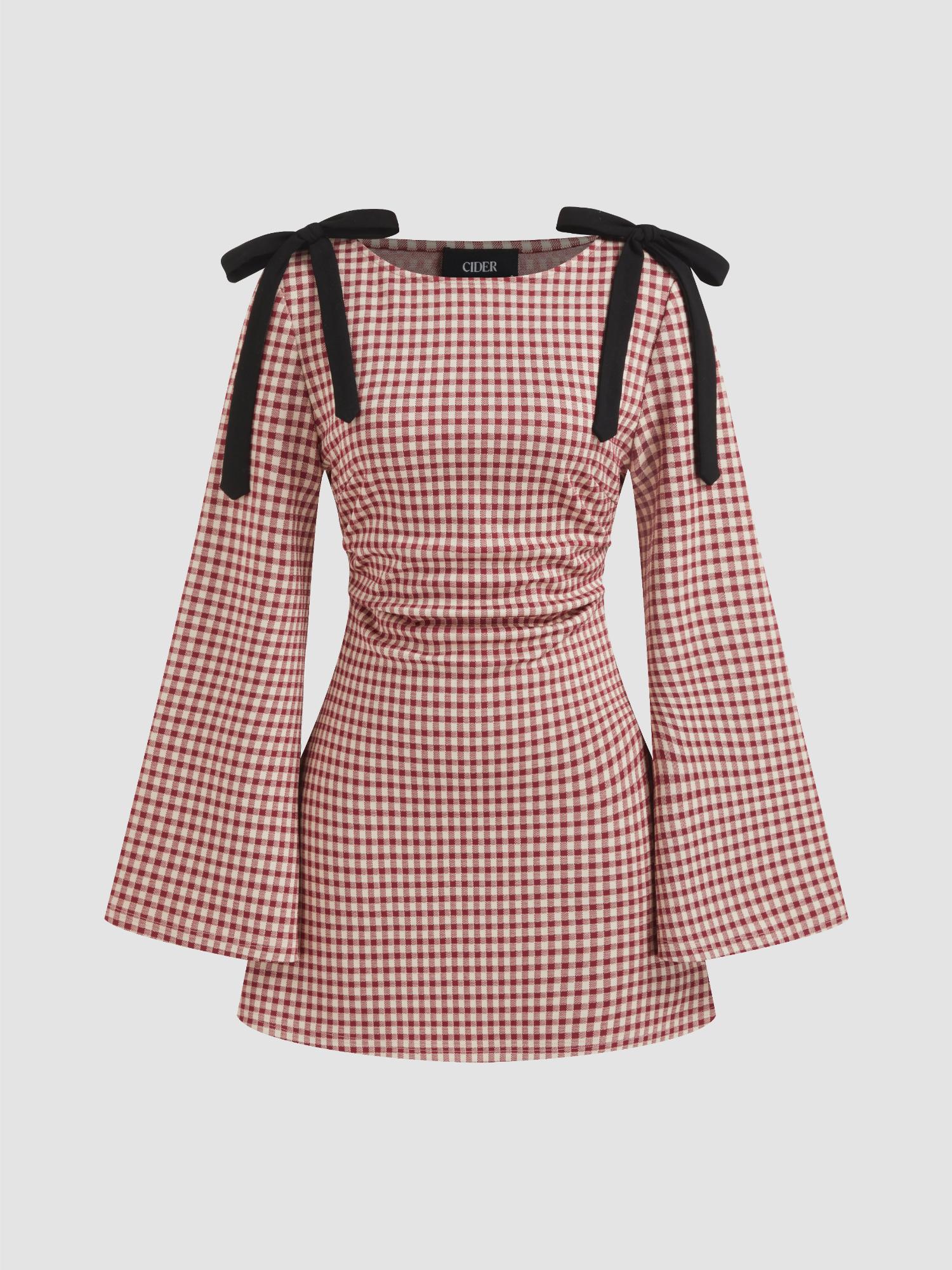 cider Cotton Blend Boat Neck Gingham Bowknot Ruched Dress-picture-15