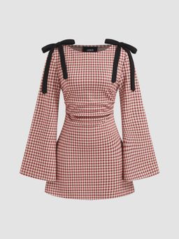 Cider - Cotton Blend Boat Neck Gingham Bowknot Ruched Dress