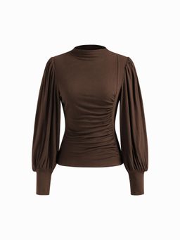 Cider - High Neck Solid Ruched Long Sleeve Top