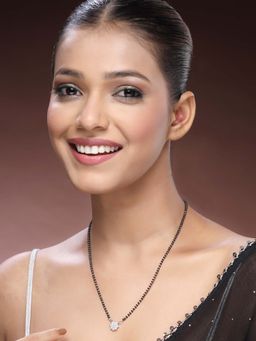 ADIVA - Silver-Plated Floral Shaped American Diamond Stone & Glossy Beaded Graceful Mangalsutra