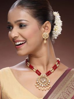 ADIVA - 22K Gold-Plated Kundan Stone-Studded Pearl & Beaded Premium Traditional Jewellery Set