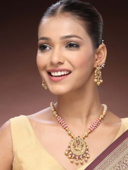 ADIVA - 22K Gold-Plated Lord Krishna Kundan Studded Beaded Handcrafted Temple Jewellery Set