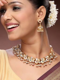 ADIVA - 22K Gold-Plated Kundan Studded Pearl & Beaded Meenakari Traditional Bridal Choker Jewellery Set