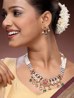 ADIVA - 22K Gold-Plated Ruby & Green Kundan Stone-Studded Beaded Meenakari Choker Jewellery Set