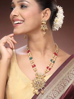 ADIVA - 22K Gold-Plated Kundan Studded Beaded Floral Shaped Glossy Graceful Traditional Jewellery Set