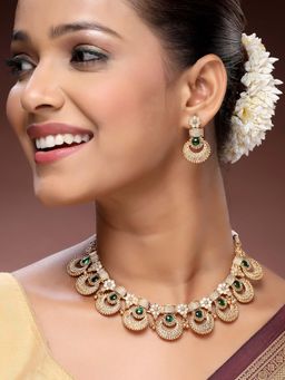 ADIVA - 22K Gold-Plated Premium Green Stone-Studded Beads Handcrafted Stylish Choker Jewellery Set