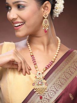 ADIVA - 22K Gold-Plated Kundan Ruby Stone-Studded Pearl & Beaded Traditional Sparkle Jewellery Set