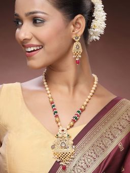 ADIVA - 22K Gold-Plated Kundan Multicolor Stone-Studded Pearl & Beaded Elegant Handcrafted Jewellery Set