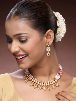 ADIVA - 22K Gold-Plated Meenakari Ruby Stone-Studded Beads Handcrafted Premium Choker Jewellery Set