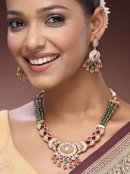 ADIVA - 22K Gold-Plated Kundan Stone-Studded Beaded Glossy Sparkle Traditional Choker Jewellery Set