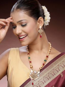 ADIVA - 22K Gold-Plated Peacock Shaped Stone-Studded Beads Meenakari Handcrafted Jewellery Set