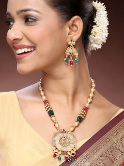 ADIVA - 22K Gold-Plated Lord Ganesha Kundan Stone-Studded Beads Handcrafted Divine Jewellery Set