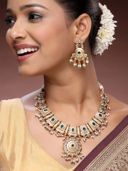 ADIVA - 22K Gold-Plated Green Kundan Stone-Studded Pearl Handcrafted Graceful Choker Jewellery Set