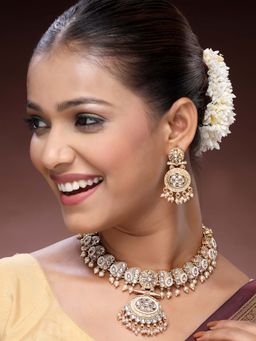 ADIVA - 22K Gold-Plated Kundan Stone-Studded Bridal Wedding Choker Necklace with Earrings