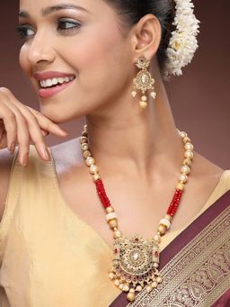 ADIVA - 22K Gold-Plated Kundan Studded Beaded Pearl Premium Classic Traditional Jewellery Set