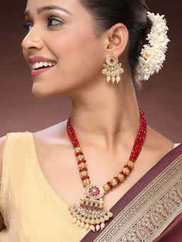 ADIVA - 22K Gold-Plated Kundan Ruby Stone-Studded Beaded Elegant Glossy Traditional Jewellery Set