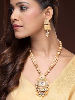 ADIVA - 22K Gold-Plated Kundan & AD Green Stone-Studded White Beaded Premium Classic Bridal Jewellery Set