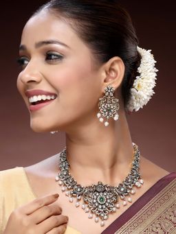 ADIVA - 22K Antique Gold-Plated Kundan & AD Stone-Studded Premium Traditional Temple Jewellery Set