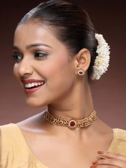 ADIVA - 22K Gold-Plated Ruby, Emerald & White Cubic Zirconia Stone Floral Choker Jewellery Set