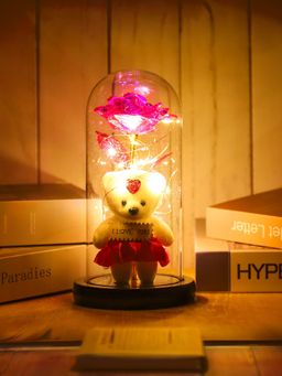 Gleevers - Pink Rose with Teddy Bear & LED Light in A Borosilicate Glass Dome